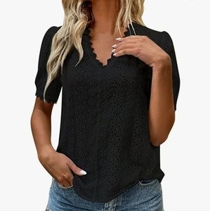 Women's Embroidered Pattern V-Neck Blouse with Lace Trim